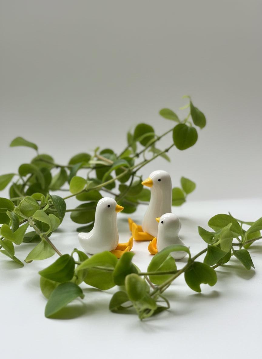 Three small bird figurines among green leaves on a white background